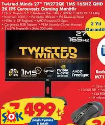 TWİSTED MİNDS 27 İNÇ TM272QE 1MS 165HZ QHD 2K IPS ÇERÇEVESİZ GAMİNG MONİTÖR OYUN MONİTÖRÜ